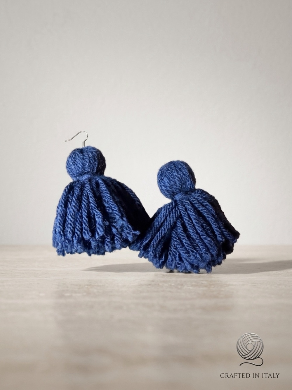 Handmade Navy Tassel Yarn Earrings